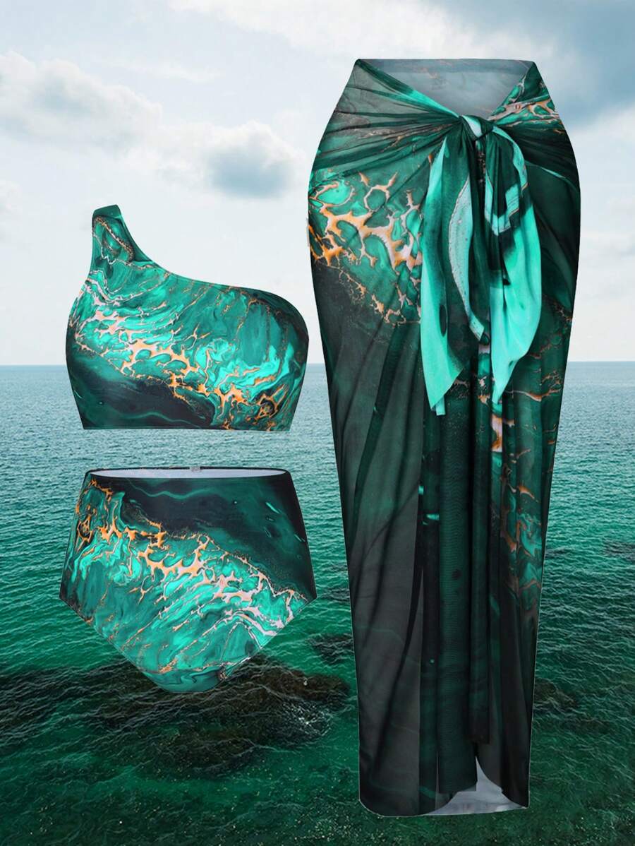 Swim Oasis Summer Beach Plus Size Women's Marble Print One Shoulder Sleeveless Bikini Set 3pcs/Set - Multicolor - View 1