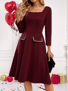 EMERY ROSE New Years Dress Women A-Line Button Decor Square Neck Long Sleeve Dress,Elegant Burgundy Dress