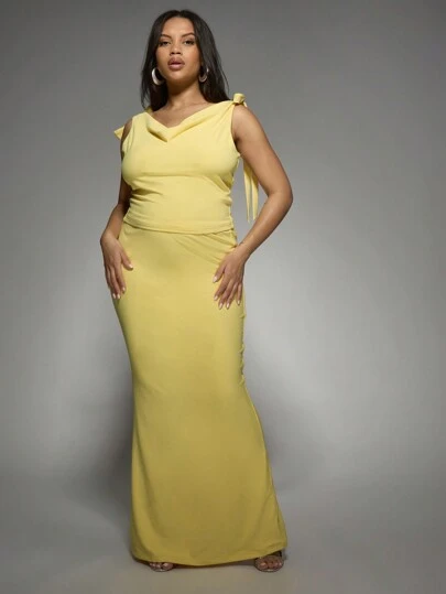 MISSGUIDED PLUS Elegante vestido largo de noche para tallas grandes con cuello chal sin mangas para ocasiones especiales, bodas, fiestas y eventos formales, con longitud hasta el suelo y detalle de lazo lateral