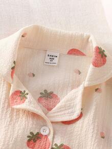 2pcs Young Girl Strawberry Print Ruched Fabric Short Sleeve Shirt & Ruffle Neck Shorts Set, Loungewear - Apricot - View 5
