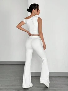 Muchica 2pcs/Set Women White Knit Open Shoulder Solid Color Top And Pants - White - View 2