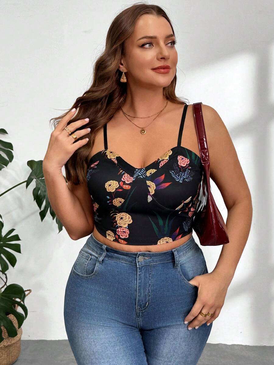 SHEIN Privé Elegant Arbeitskleidung in Große Größen für Damen, anspruchsvolle Büroarbeit, Nachmittagstee, romantische Dates, Konzerte, Partys, INS Vintage Stil, lässiges Urlaubsoutfit mit Spaghetti-Trägertop, tropisches Pflanzenmuster