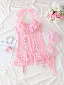Camisón sexy de mujer con volantes, tirantes cruzados de encaje, lazo, romántico y dulce para el Día de San Valentín