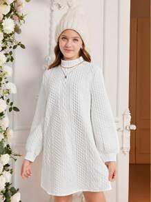 SHEIN Leap Crew فستان طويل الأكمام بياقة عالية منسوج، أكمام متضخمة، قصة A، للمراهقات، للشتاء والخريف، أبيض، كاجوال، مناسب للكريسماس