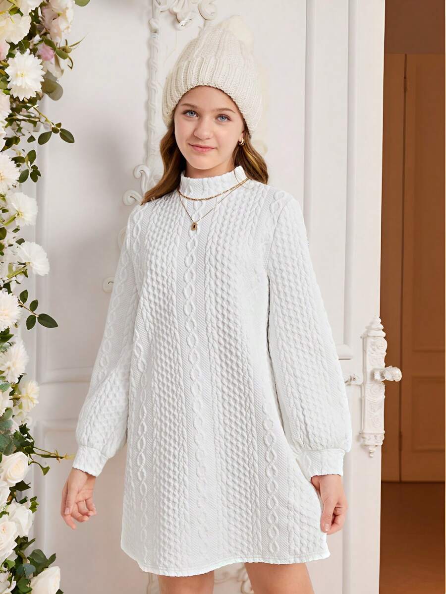 SHEIN Leap Crew فستان طويل الأكمام بياقة عالية منسوج، أكمام متضخمة، قصة A، للمراهقات، للشتاء والخريف، أبيض، كاجوال، مناسب للكريسماس