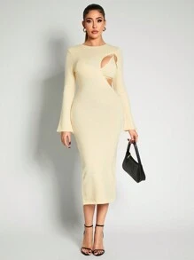 Zolique Vestido de suéter largo de unicolor, de cuello redondo, de manga larga, con diseño calado y ajustado simple para mujeres - Albaricoque - Ver 3