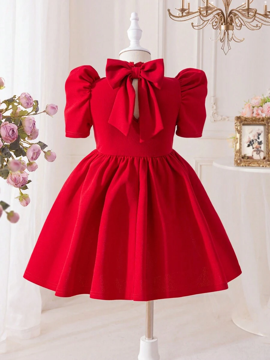 适合情人节的年轻女孩纯色针织羊腿袖蝴蝶结紧身连衣裙 - 酒紅色 - 查看 1