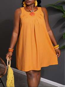 Slaydiva New 2025 Vacation & Casual & Minimalist & Solid Color Plus Size Women Textured Orange A-Line Loose Sleeveless Babydoll Dress Spring/Summer - Orange - View 1