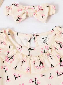 2pcs Baby Girls Floral Print Brushed Top And Shorts Set, Comfortable For Outdoor And Indoor Wear, Spring/Summer - Apricot - View 8