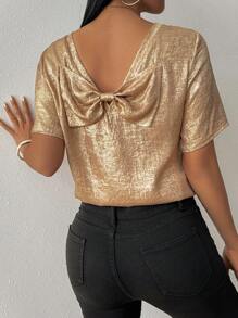 Chiquease Blusa sin espalda con lazo dorado sencilla para mujer, uso casual de todos los días