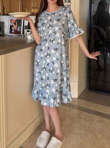 SHEIN Leap Crew Teen Girls Lovely Simple Floral Pattern Lace Trim Ruffle Hem Nightgown - Baby Blue - View 4