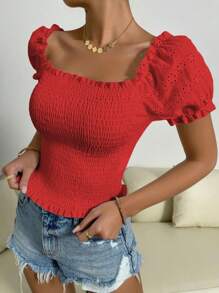 Chiquease Blusa casual de manga corta con volantes en el dobladillo, de unicolor, para uso diario