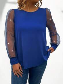 Camiseta de punto de manga larga con cuello redondo, en talla grande, con parches de red brillante - Azul Marino - Ver 3