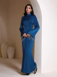 Veilorie Vestido maxi árabe modesto de mujer, de unicolor, cuello alto, manga larga y ajustado