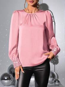 SHEIN Clasi 领口荷叶边亮片拼布斜纹衬衫派对 - 粉色 - 查看 5