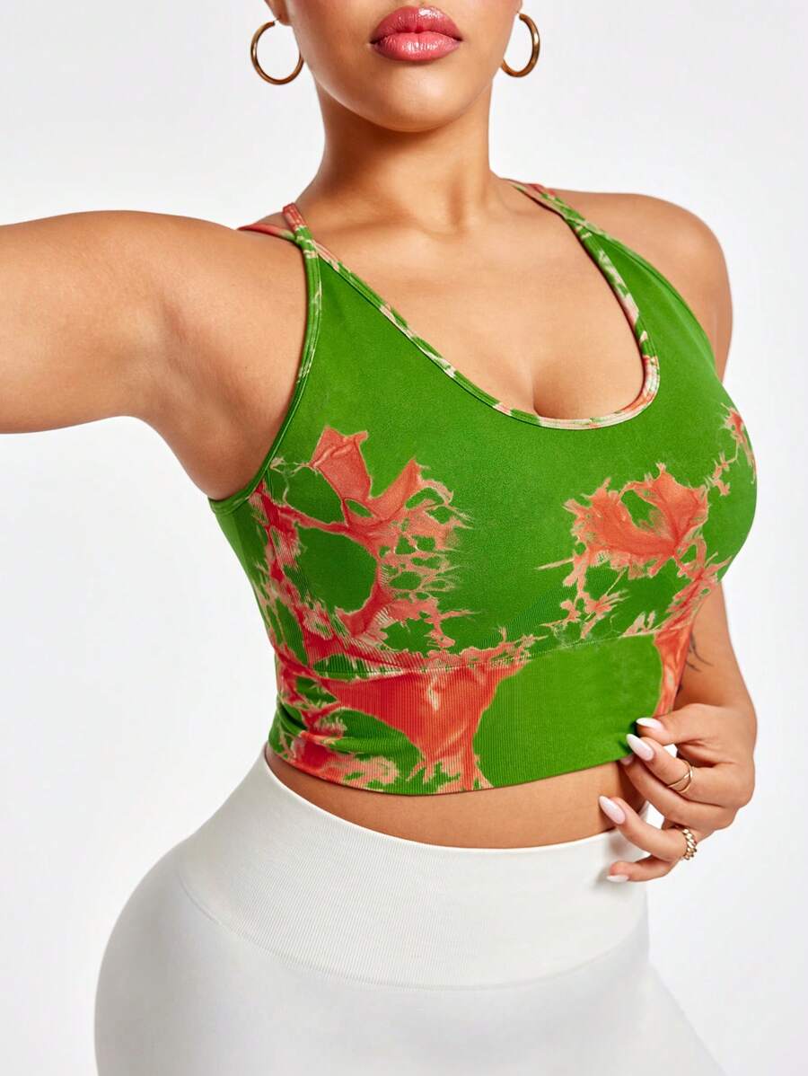 Plus Size Women Tie-Dye Print Seamless Racerback Sports Bra