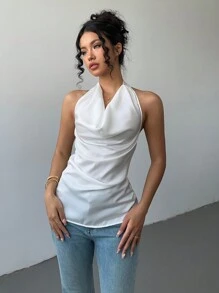 SHEIN Unity 女士纯色优雅挂脖围巾吊带背心 - 香檳色 - 查看 4