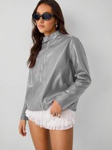 SHEIN Unity 1 件女式简约摩托车立领插肩拉链长袖 PU 皮夹克，休闲街头风格，秋冬新年服装 - 灰色 - 查看 6