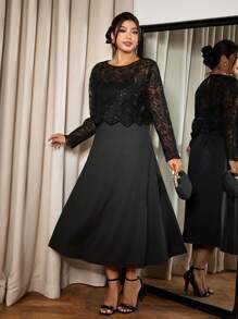 SHEIN Frenchy Plus Size Elegant Solid Color Lace Top With Camisole Two-Piece Dress Set,Valentine's Day ,Love/Lover ,Spring