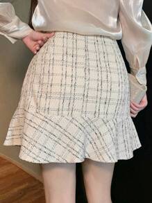 DAZY 女式格纹侧扣荷叶边下摆优雅A字裙秋冬 - 米色 - 查看 6