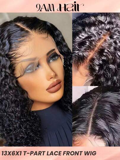 Transparent Lace Kinky Curly T Part Lace Wigs Real Short Short Human Hair Lace Frontal Closure Wigs With Front Baby Hair Pre Plucked Natural Hairline Wig Natural Black Color