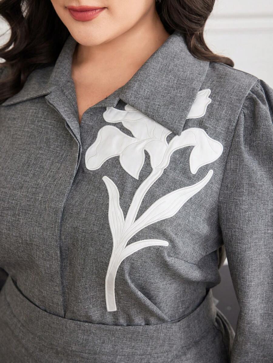 Modelyn Ensemble 2 pièces grande taille - Chemisier à manches longues et jupe avec broderie florale élégante, ensemble 2 pièces automnal