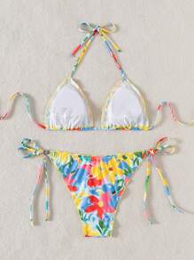 Swim Vcay Conjunto de bikini triangular con tiras ajustables y estampado multicolor, con Bottom atada a los lados - Atuendo para la playa para mujeres en verano - Multicolor - Ver 7