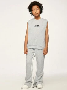 SHEIN Explorewe Tween Boy Solid Color Minimalist Letter Print Sleeveless Tank Top, Sophisticated Letter Graphic On Chest, Can Be Worn Alone To Showcase Personalized Or Layered For Stylish Looks, Essential Street Piece - Grey - View 3