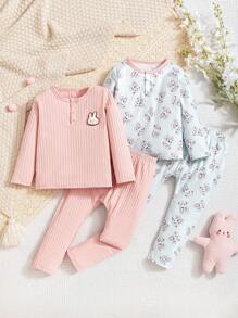 Seturi de 4 bucăți pentru nou-născuți fetițe, top cu mâneci lungi din catifea groasă cu nervuri și pantaloni pentru acasă, cu imprimare iepure - Multicolor - Vizualizare 1