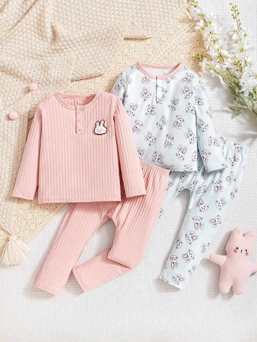 Seturi de 4 bucăți pentru nou-născuți fetițe, top cu mâneci lungi din catifea groasă cu nervuri și pantaloni pentru acasă, cu imprimare iepure - Multicolor - Vizualizare 1