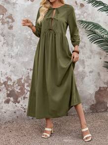 EMERY ROSE Vacation Outfits Woman Spring/Summer Vacation Dress ,Balloon Sleeve - Army Green - View 5