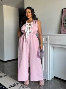Flirla Plus Size Romantic Heart Jacquard V-Neck Tied Front Sleeveless Jumpsuit For Women, Valentine's Theme - Pink - View 7