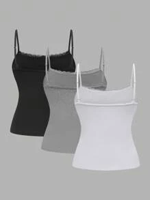 SHEIN Unity 女士优雅蕾丝拼接蝴蝶结装饰吊带背心 3 件套，秋冬 - 彩色 - 查看 2