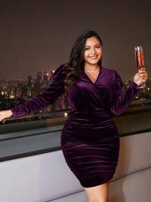 SHEIN Frenchy Plus Surplice Neck Ruched Side Velvet Bodycon Dress Concert Outfits - Purple - View 1