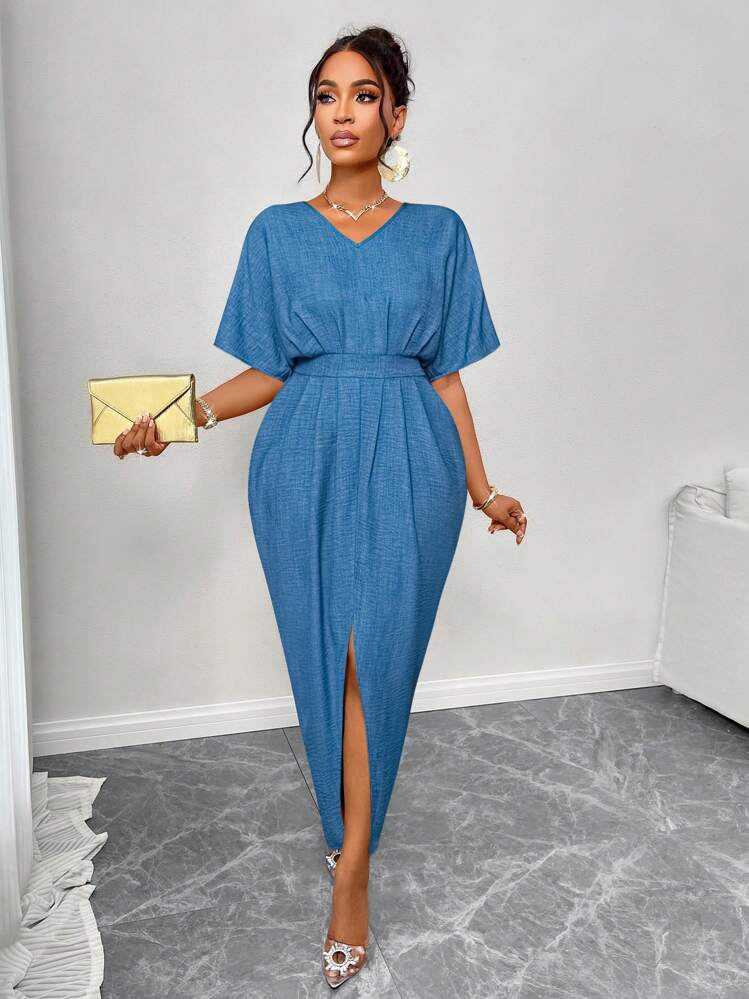 SOLERSUN ホリデードレス 優雅な プリント デイリーコミューター青V