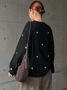 FRIFUL Camiseta de manga larga con cuello redondo y hombros caídos con estampado de estrella para mujer, otoño