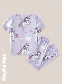 SHEIN Conjunto de pijama de 4 piezas para niñas, con camiseta de manga corta estampada con unicornio divertido y pantalones largos, ropa básica casual adorable/vintage/juguetona, adecuado para cualquier ocasión, primavera/verano, camiseta de manga corta y pantalones de ajuste ceñido, conjunto de pijama, Top y pantalones, se siente como la piel/suave como la mantequilla/ultra suave/ropa cómoda/suave sedoso, ropa de estar en casa holgada de manga corta