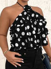 SHEIN Clasi Plus Size Summer Elegant Layered Ruffle Floral Decor Halter Bodysuit