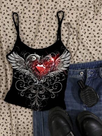 Attitoon Damen Lässig Punk dunkelrotes Strass Herz- & Engelflügel Grafik figurbetontes Spaghetti-Träger Camisole, geeignet für den Valentinstag
