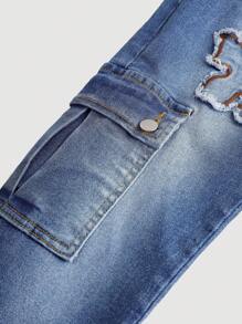 SHEIN Tween Girl Y2K Casual Frayed Star Butterfly Pattern Denim Flare Leg Cargo Jeans, Y2K - Medium Wash - View 4