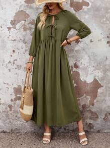 EMERY ROSE Vacation Outfits Woman Spring/Summer Vacation Dress ,Balloon Sleeve - Army Green - View 1