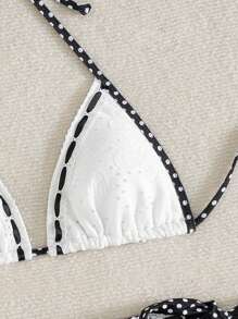 Swim Vcay Summer Women's Lace Trim Halter Neck Backless Polka Dot Tied 3 Pieces Bikini Set - Black and White - View 6