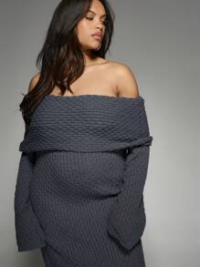 MISSGUIDED PLUS Plus Size Off-Shoulder Ribbed Knit Maxi Sweater Dress Winter Fall Cozy Oversized Long Sleeve Chunky Knit Evening Party Holiday Formal - Grey - View 3