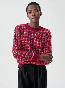 Chiquease Casual Colorful Plaid Pattern Knit Sweater, Autumn/Winter Knit Pullover Fall Sweater - Burgundy - View 1