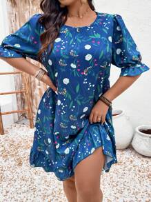 SHEIN LUNE Plus Size Women All-Over Floral Print Round Neck Ruffle Trim Short Sleeve Midi Dress