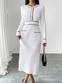 SHEIN Clasi 女士优雅收腰圆领长袖毛衣连衣裙 - 白色 - 查看 1