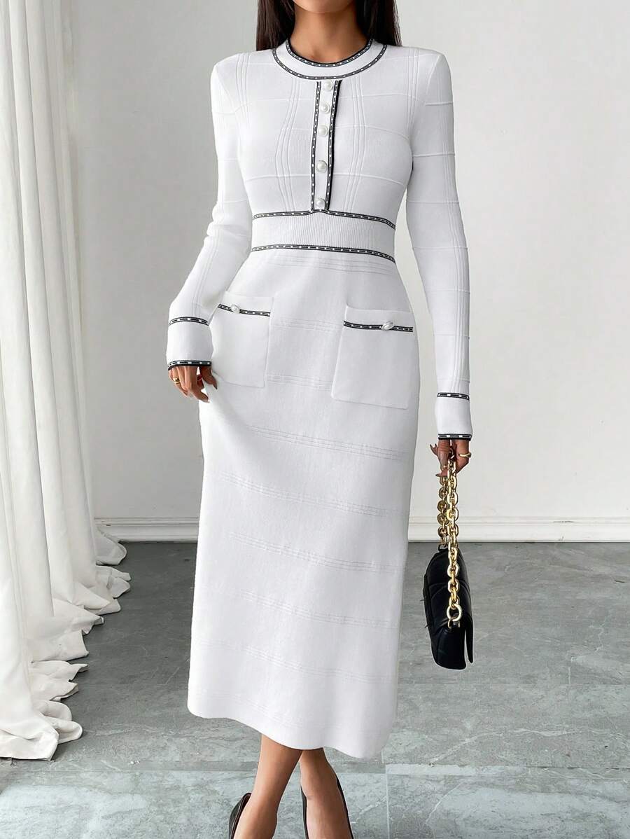 SHEIN Clasi Đầm len dài tay cổ tròn cạp cao thanh lịch dành cho nữ - trắng - Xem 1