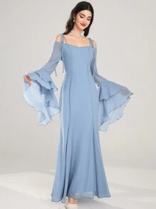 Modelyn 女士超长纯色长袖连衣裙，简约时尚休闲日常穿着 - 藍色 - 查看 5