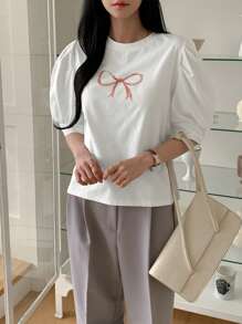 DAZY Spring/Summer New Bow Knot Printed Puff Sleeve Women T-Shirt, Stylish Cute Tops