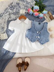 Baby Girl Front Button Sleeveless Simple Denim Vest And Dress Set